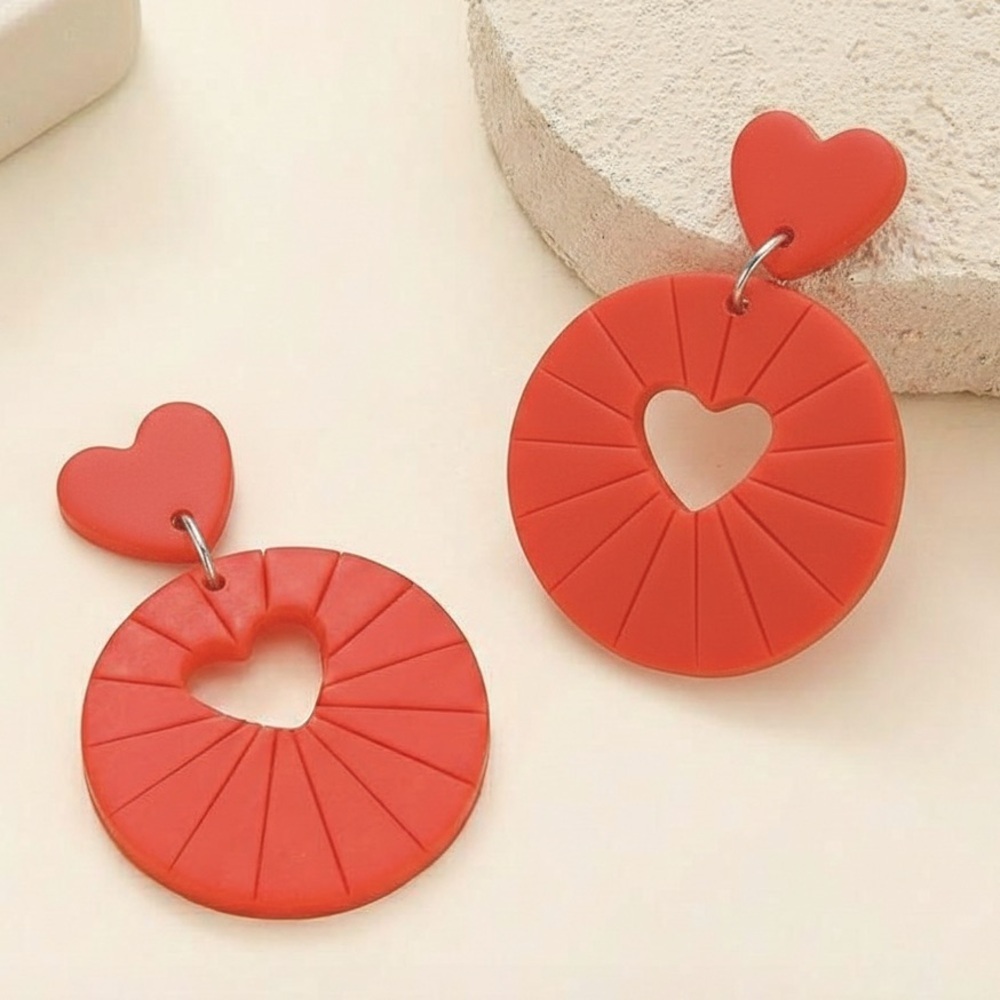 Heart Pattern Arch Dangle Studs - Handmade Clay Earrings - Valentine’s Day